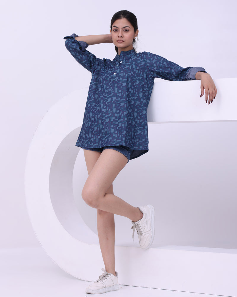 Chic Indigo Grid Short Kurti