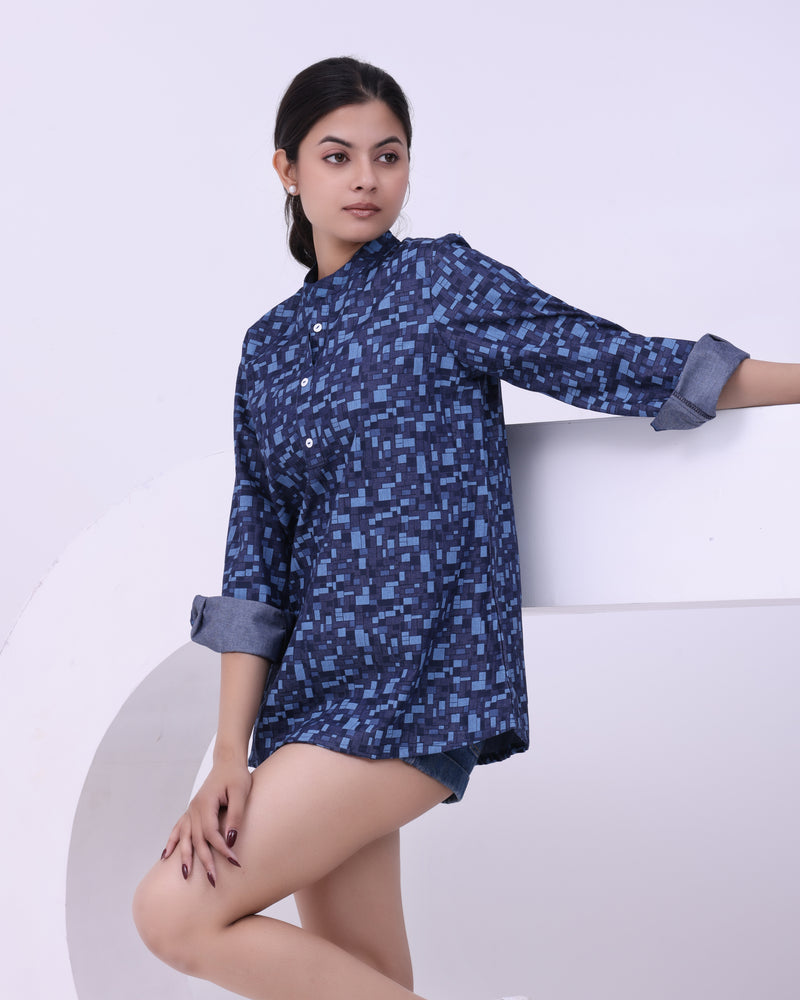 Chic Indigo Grid Short Kurti