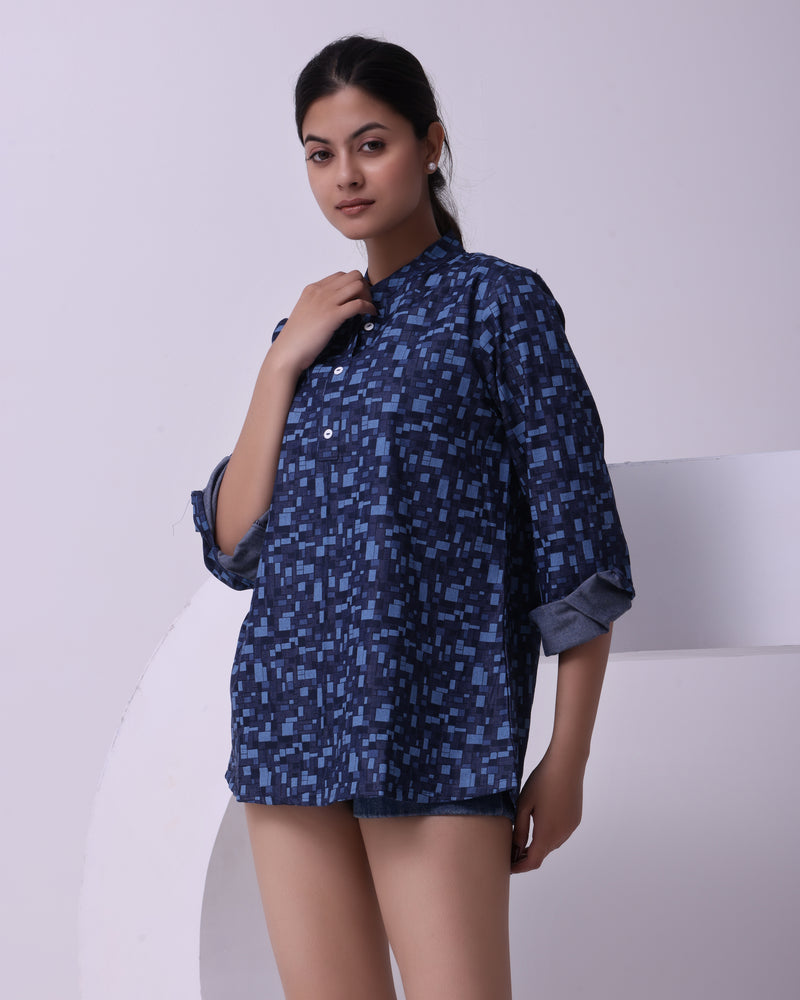 Chic Indigo Grid Short Kurti