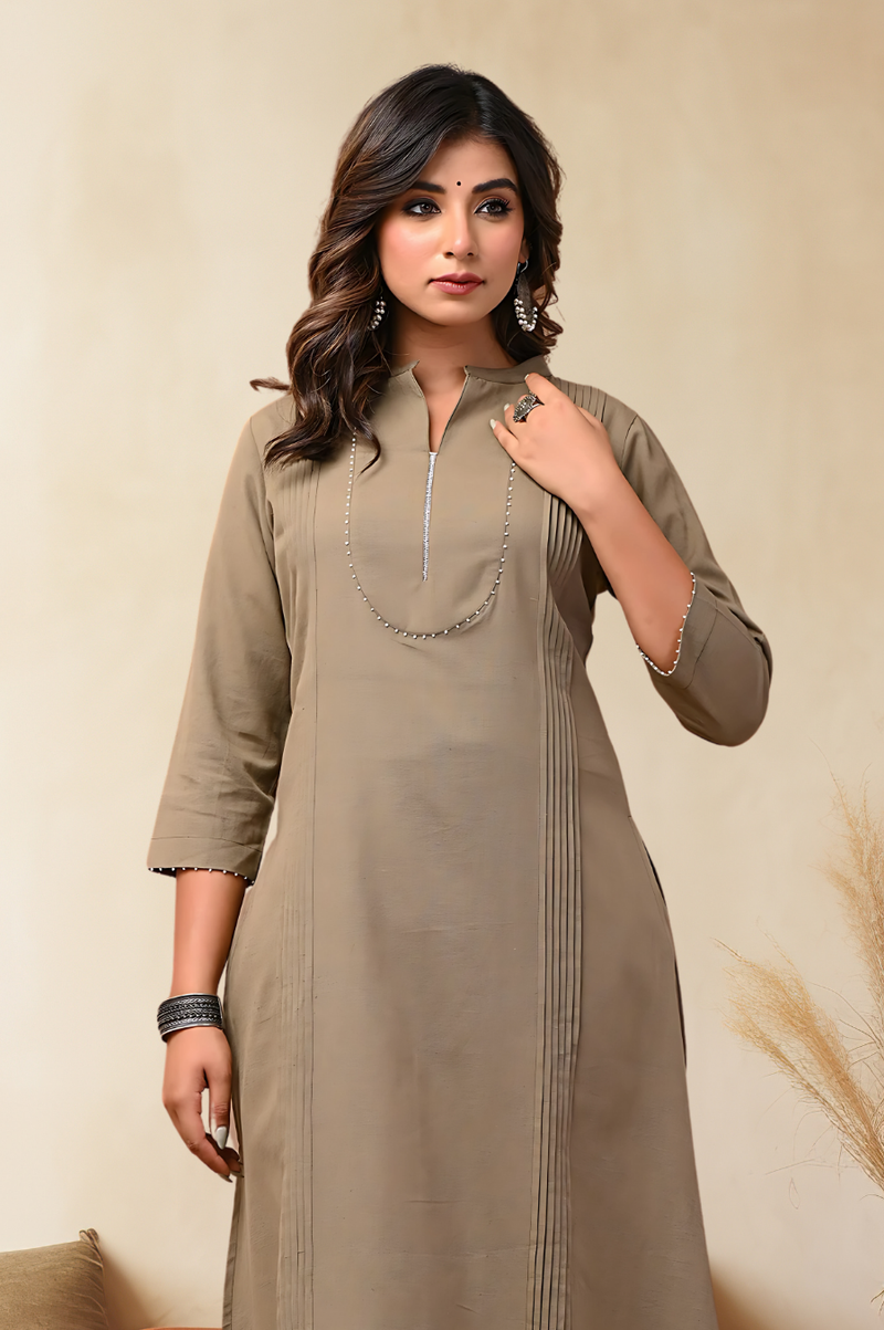 Sand Solid Cotton Kurta Set