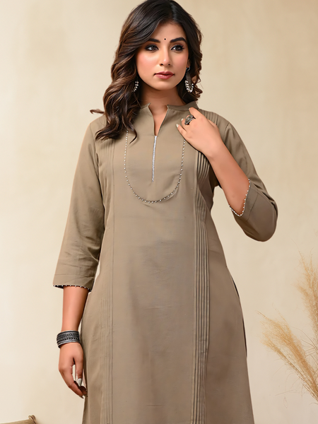 Sand Solid Cotton Kurta Set