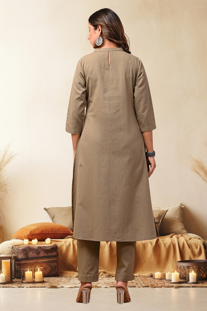 Sand Solid Cotton Kurta Set