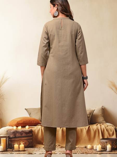 Sand Solid Cotton Kurta Set