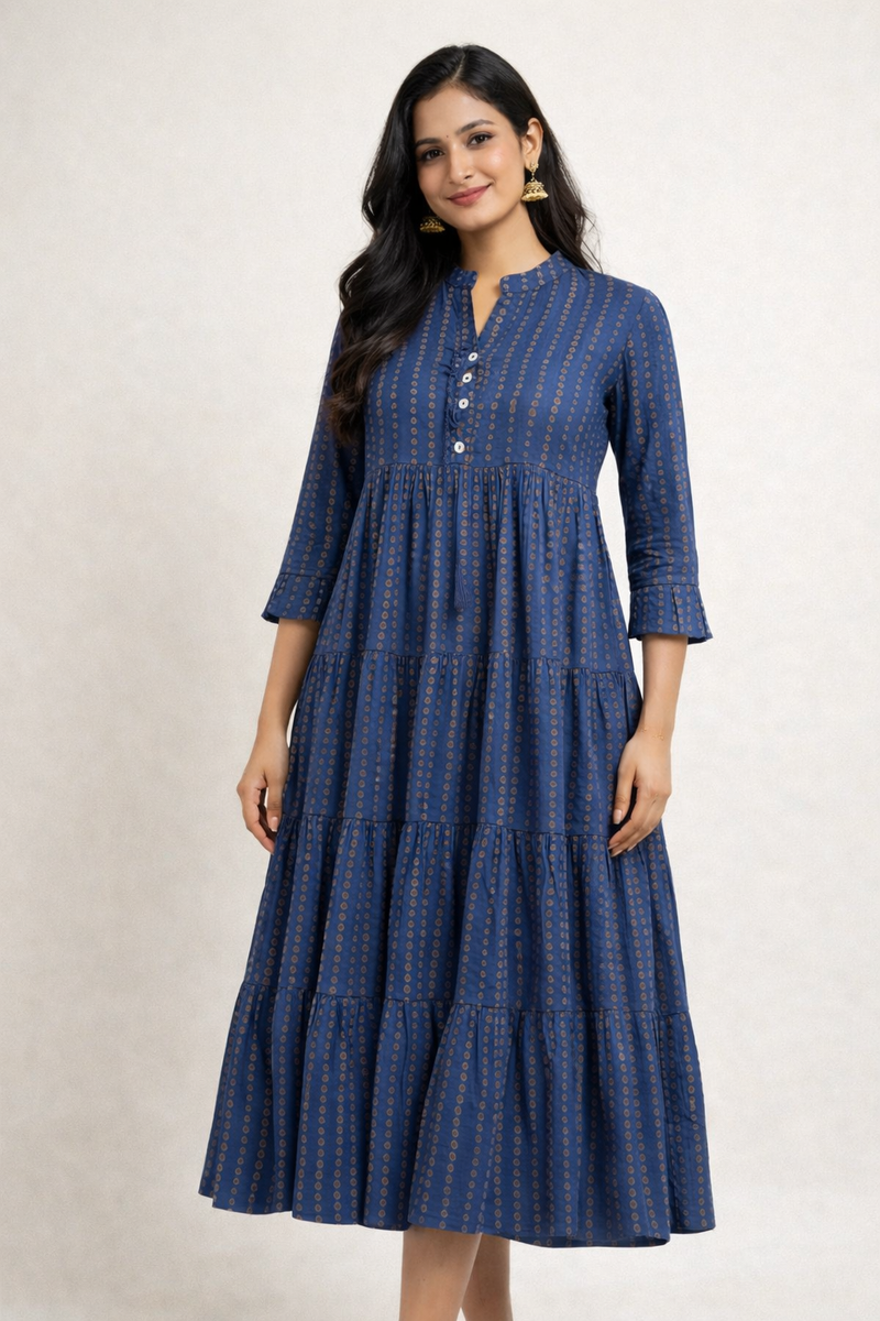 Blue Cotton Blend Midi Dress for Women