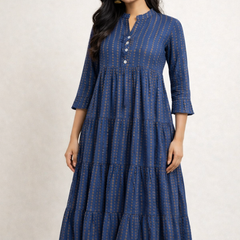 Blue Cotton Blend Midi Dress for Women