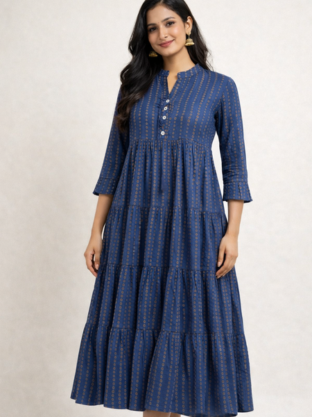 Blue Cotton Blend Midi Dress for Women