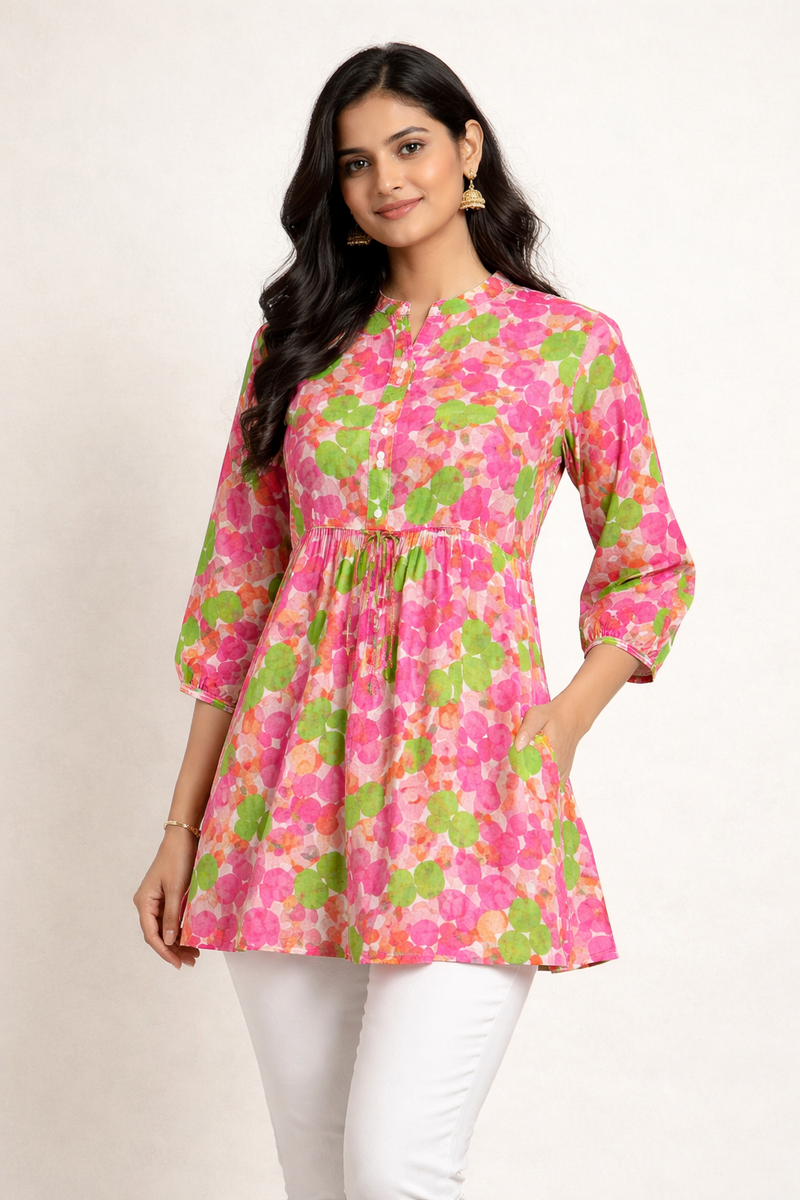 Multicolor Floral Cotton Short Kurti Top