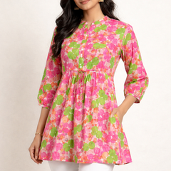 Multicolor Floral Cotton Short Kurti Top