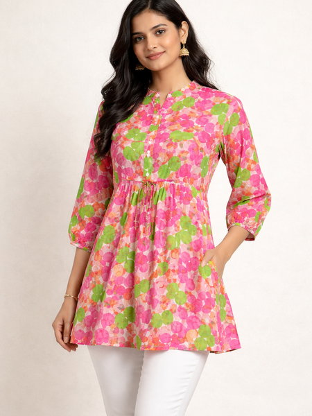 Multicolor Floral Cotton Short Kurti Top