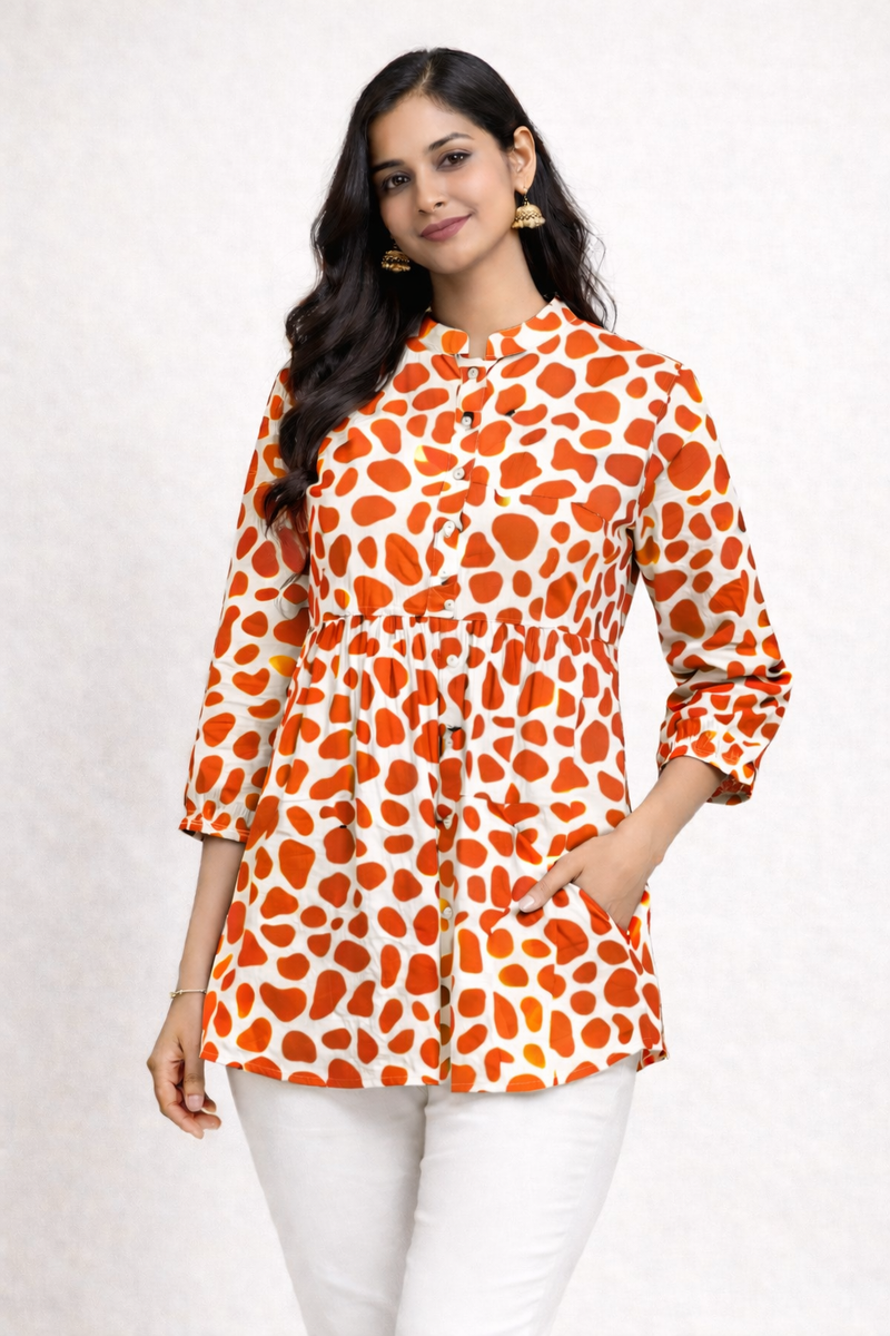 Orange Polka Print Cotton Short Kurti