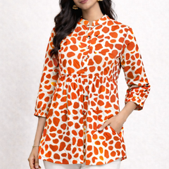 Orange Polka Print Cotton Short Kurti