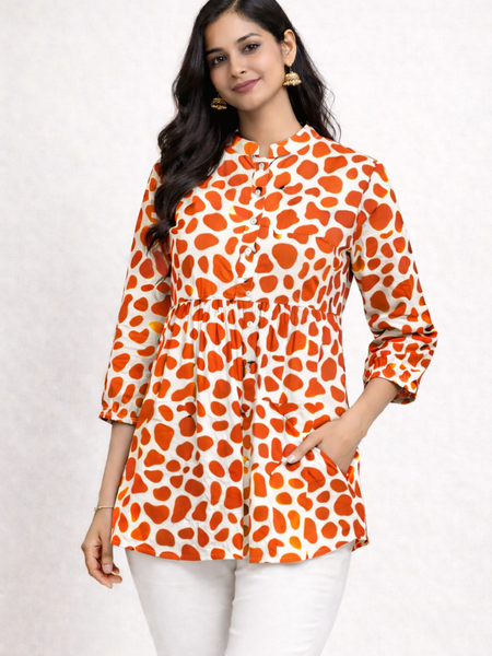 Orange Polka Print Cotton Short Kurti