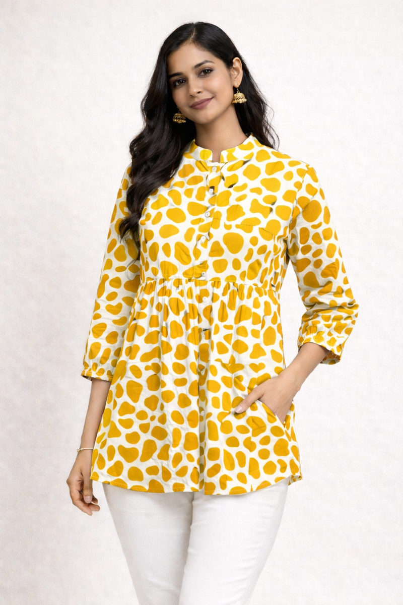 Yellow Polka Print Cotton Short Kurti