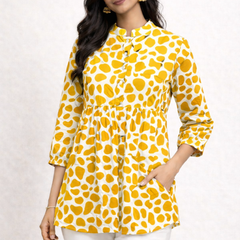 Yellow Polka Print Cotton Short Kurti