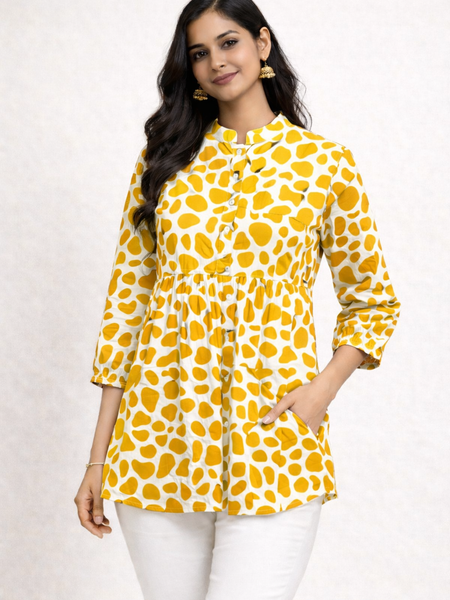 Yellow Polka Print Cotton Short Kurti