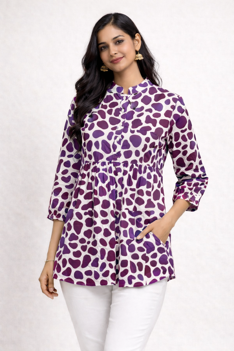 Purple Polka Print Cotton Short Kurti