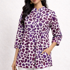 Purple Polka Print Cotton Short Kurti