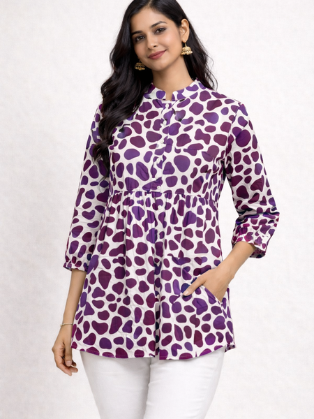 Purple Polka Print Cotton Short Kurti