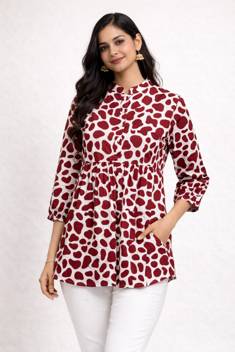 Red Polka Print Cotton Short Kurti Shirt
