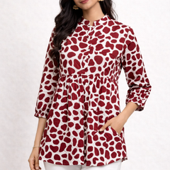 Red Polka Print Cotton Short Kurti Shirt