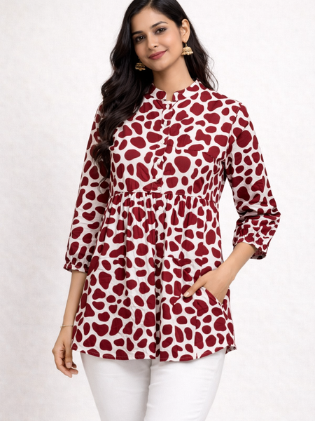Red Polka Print Cotton Short Kurti Shirt