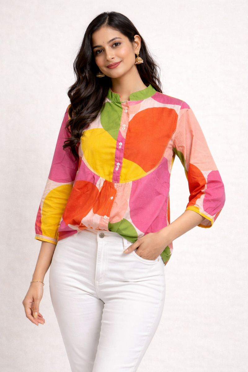 Multicolor Cotton Printed Short Kurti Shirt