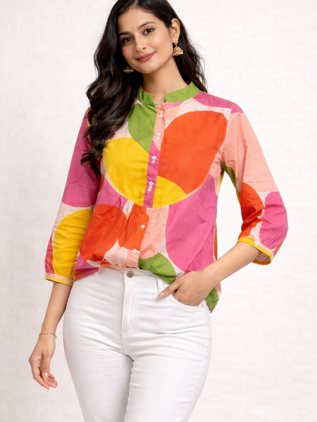 Multicolor Cotton Printed Short Kurti Shirt