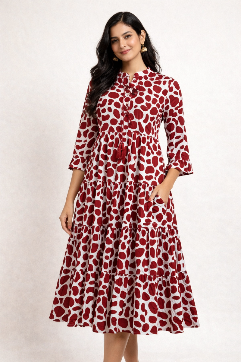 Red Polka Print Cotton Midi Dress Women
