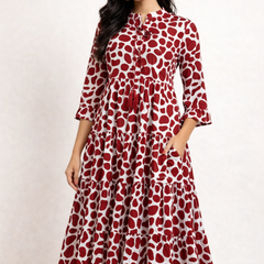Red Polka Print Cotton Midi Dress Women
