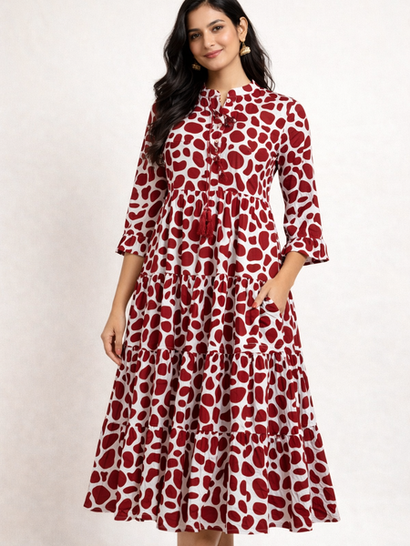 Red Polka Print Cotton Midi Dress Women