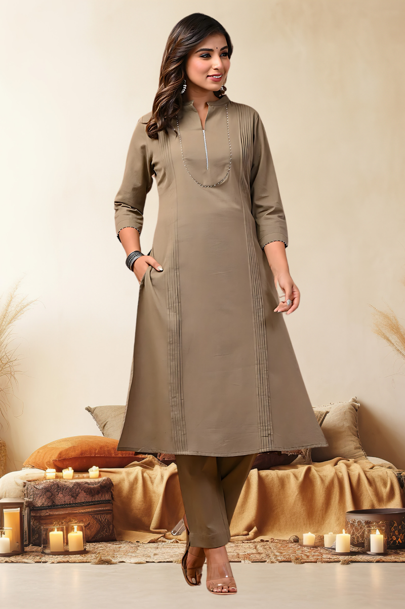 Sand Solid Cotton Kurta Set