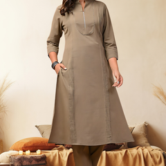 Sand Solid Cotton Kurta Set