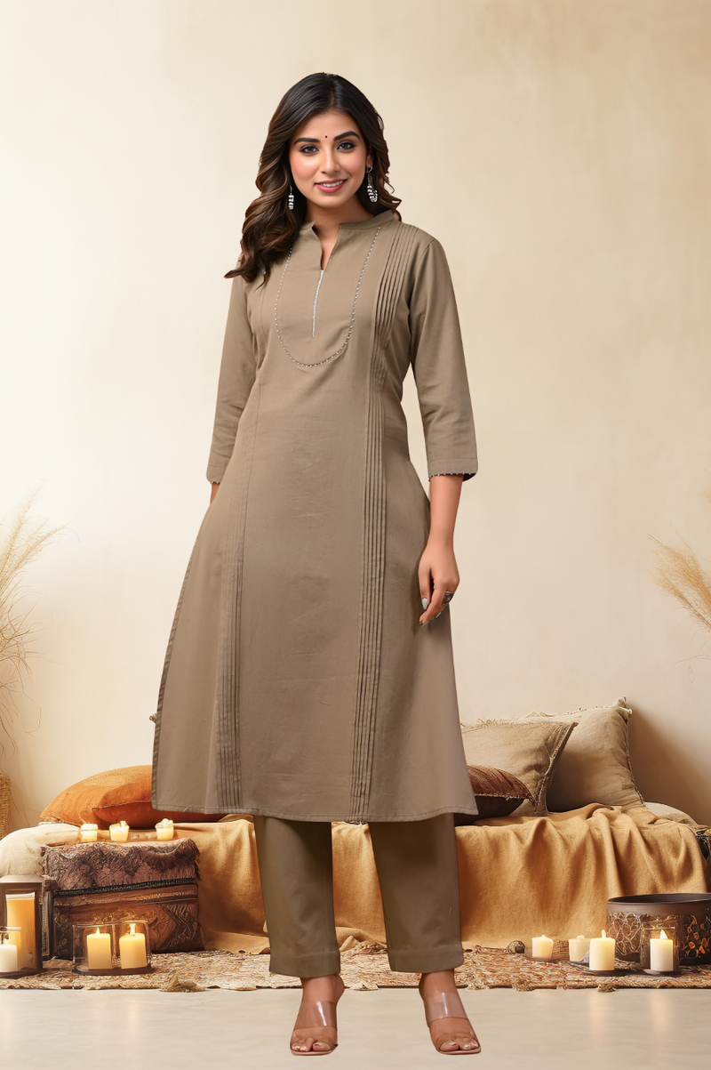 Sand Solid Cotton Kurta Set