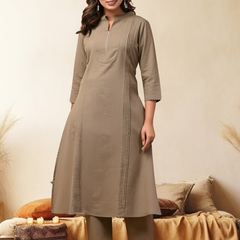 Sand Solid Cotton Kurta Set