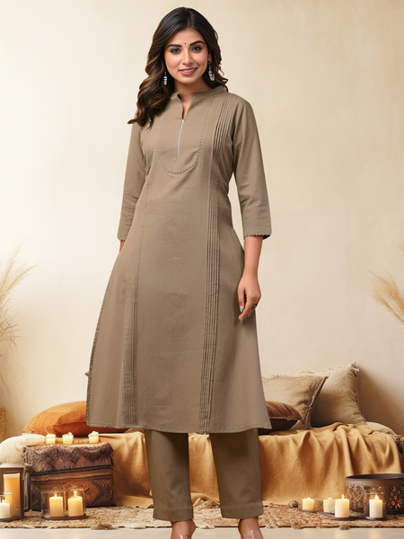 Sand Solid Cotton Kurta Set
