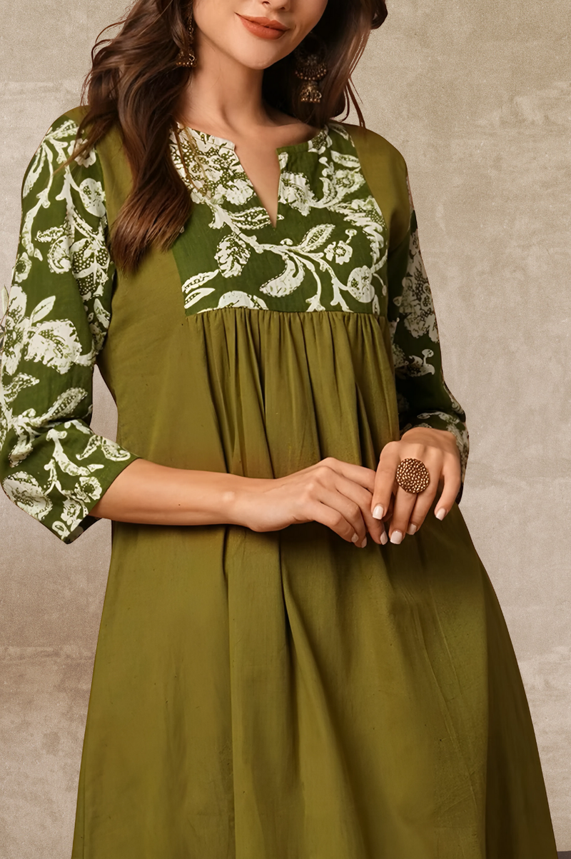 Solid Floral Printed Kurta
