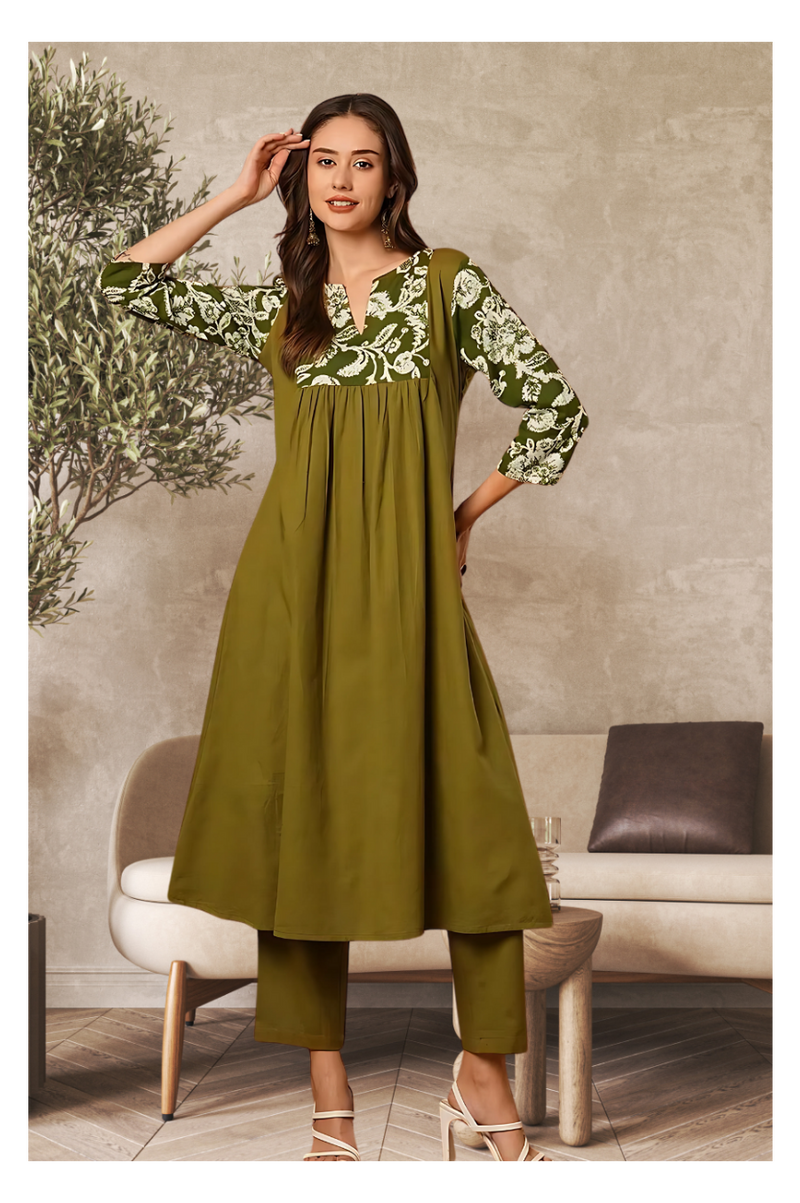 Solid Floral Printed Kurta