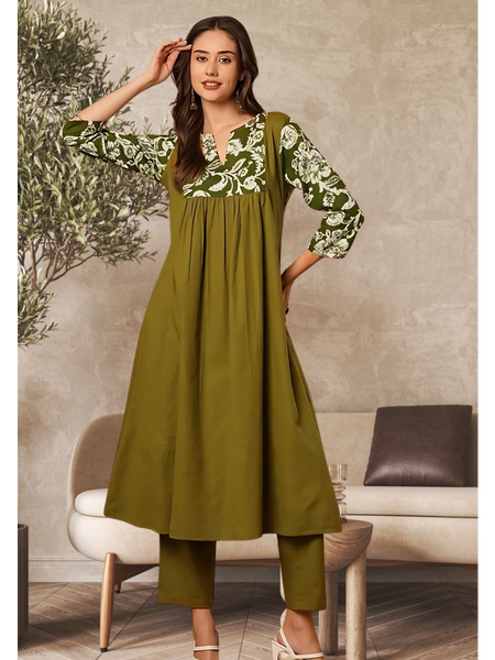 Solid Floral Printed Kurta