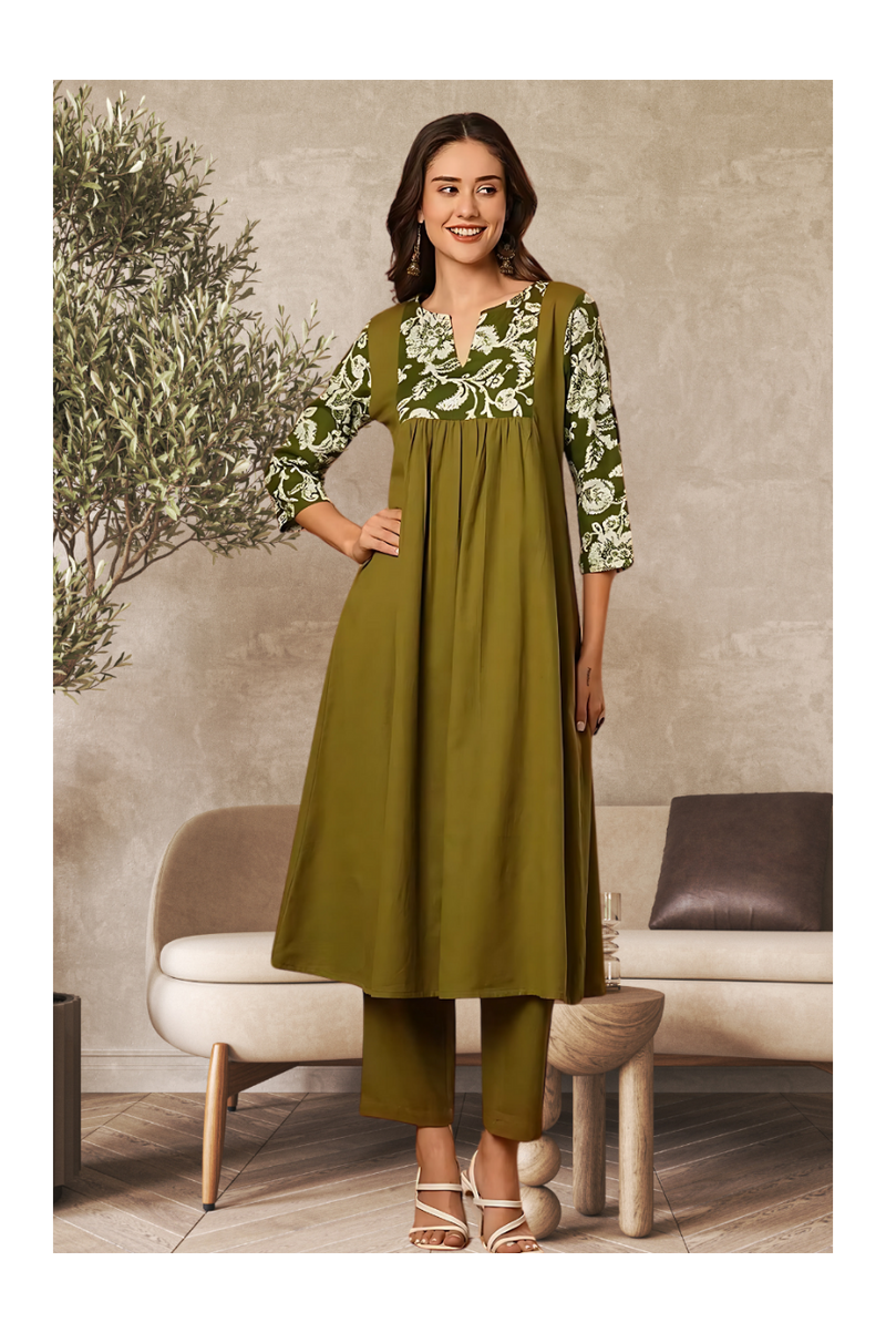 Solid Floral Printed Kurta