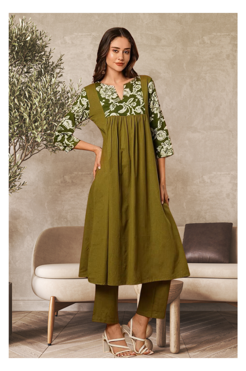 Solid Floral Printed Kurta