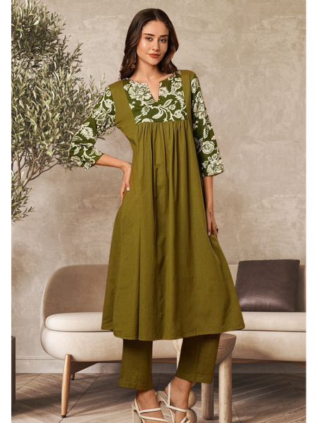 Solid Floral Printed Kurta