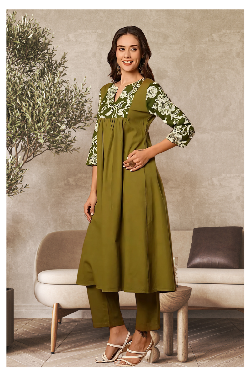 Solid Floral Printed Kurta