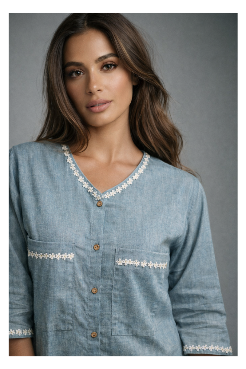 Serene Bloom Straight Shirts Blue