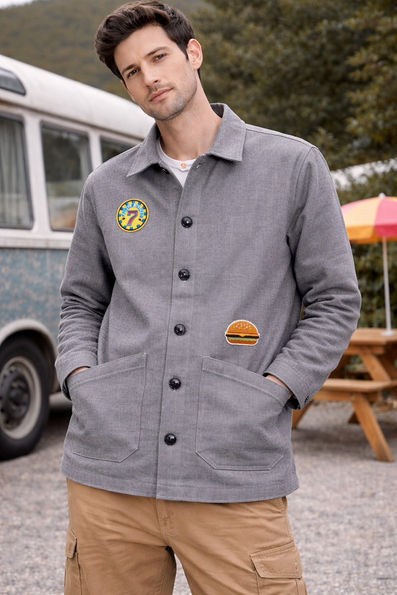 Vintage Patch Washed Grey Utility Jacket Male