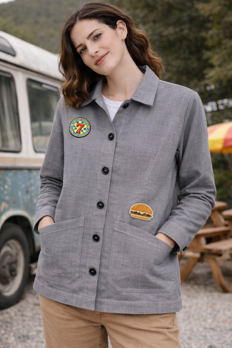 Vintage Patch Washed Grey Utility Jacket Female