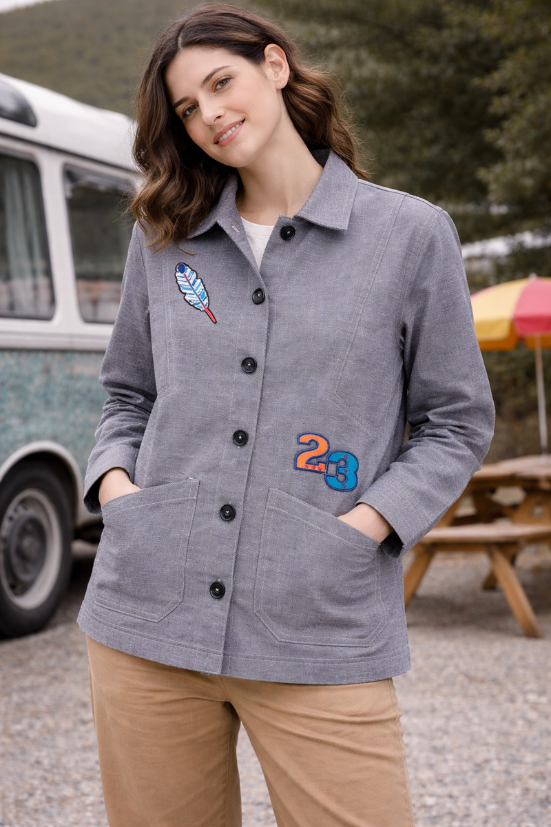 Washed Grey Patch Utility Jacket Female