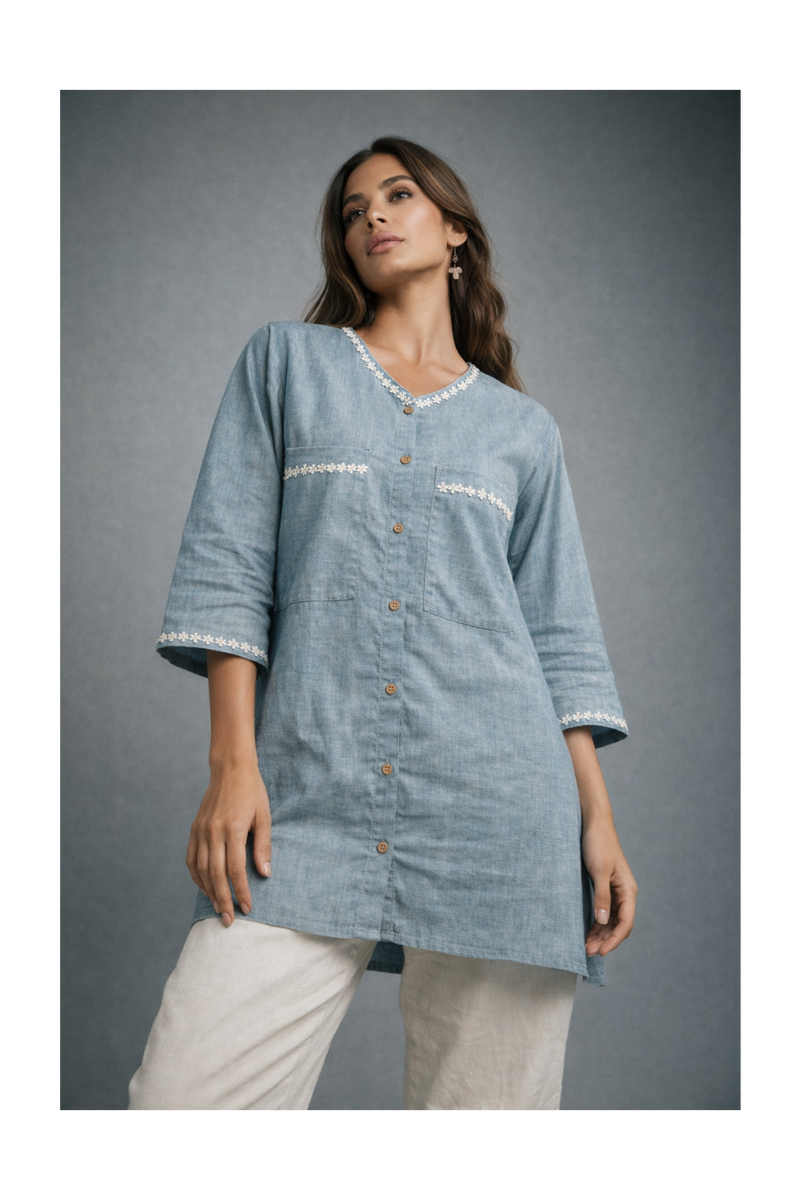 Serene Bloom Straight Shirts Blue
