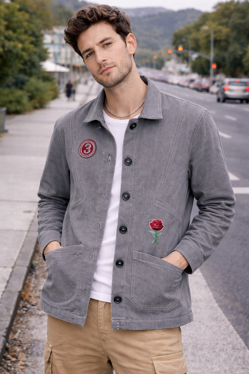 Vintage Rose Patch Grey Jacket male