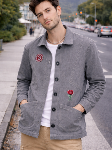 Vintage Rose Patch Grey Jacket male