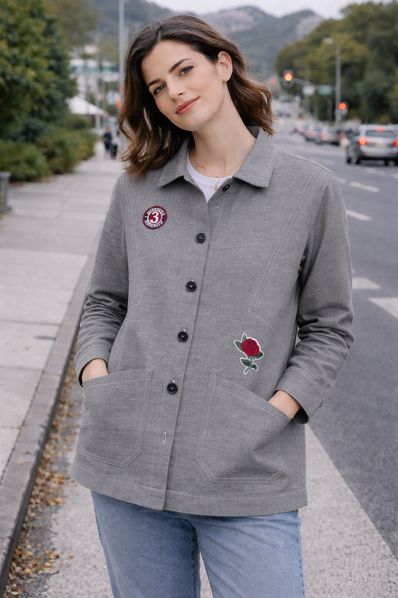 Vintage Rose Patch Grey Jacket Female